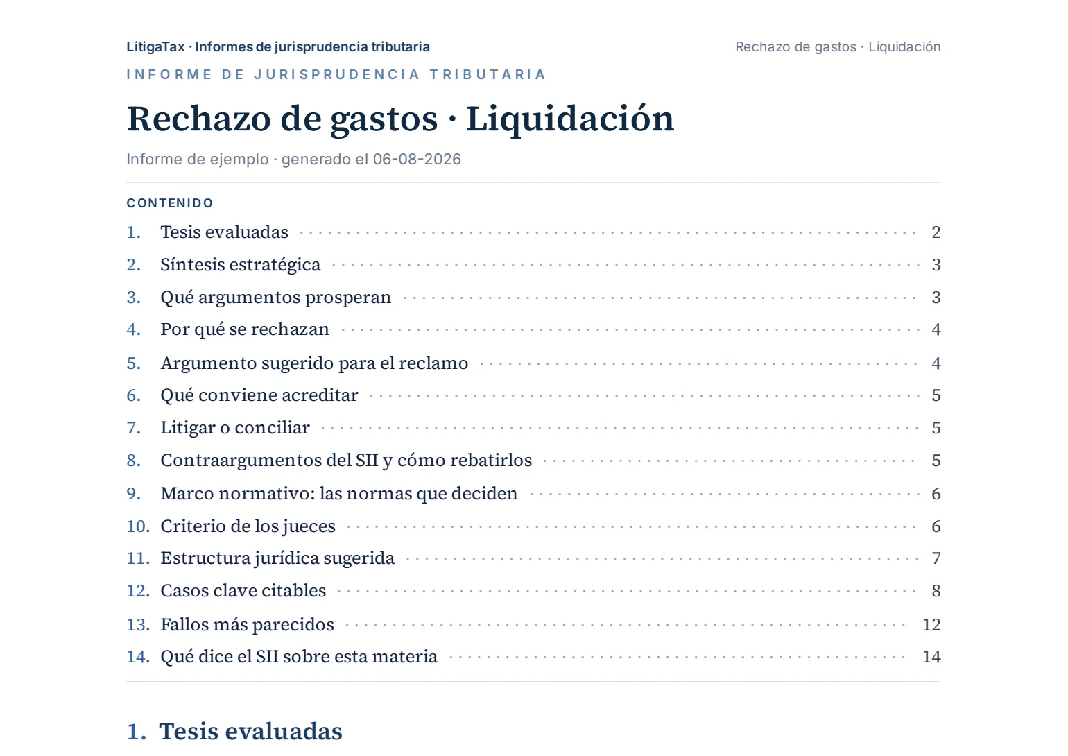 Índice del informe sobre rechazo de gastos: catorce secciones, de tesis evaluadas a qué dice el SII sobre esta materia